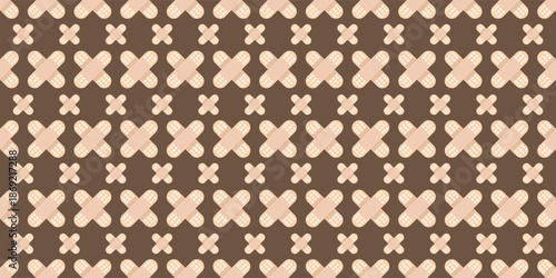 Seamless pattern of crossed adhesive bandages on a brown background. Creative medical healthcare vector illustration for medicine and first aid concepts.