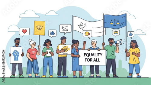 Diverse group of people protesting for equality and social justice with signs and flags in a peaceful demonstration with diversity and inclusion