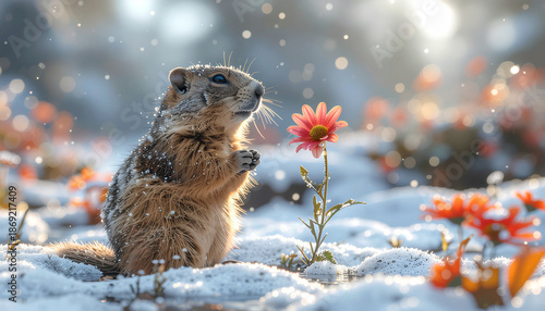 Groundhog Day Spring Concept with Groundhog and Flower Emerging from Snow