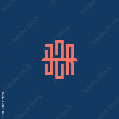 A geometric J 2 R vector logo formed from interlocking linear shapes arranged in a balanced square composition. Rendered in soft coral on a deep blue background
