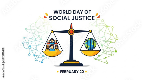 World day of social justice illustration with people and globe on scales with equality and fairness and balance and human rights and sustainability