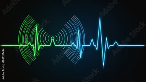Neon green and blue ecg heartbeat lines with radio wave patterns on dark background with medical and technology and science and healthcare and innovation