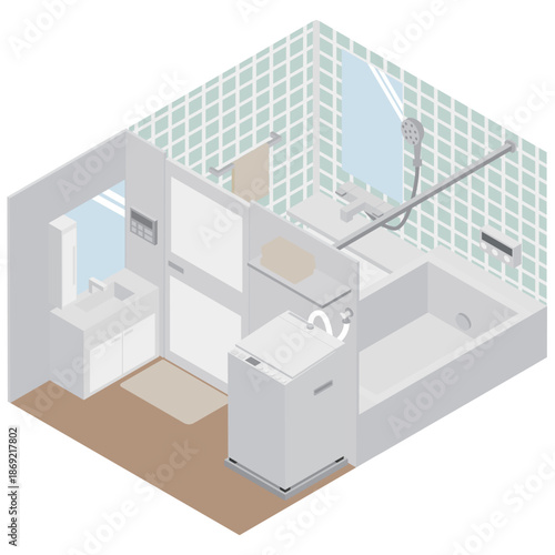 アイソメトリックな浴室と脱衣所と洗面所のシンプルなイラスト素材