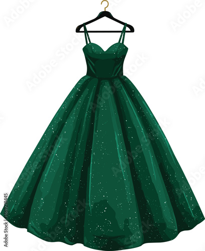 Cad drawing flat vector illustration, green glitter ball gown on hanger, formal evening dress clipart, elegant fashion design