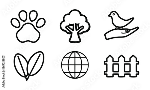 A set of eco-friendly icons representing nature and conservation on a white background