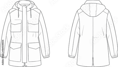 Cad drawing flat vector illustration, hooded parka jacket fashion sketch, front and back view, garment construction, apparel template