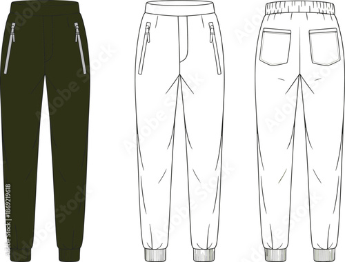 Cad drawing flat vector illustration, jogger pants fashion sketch, front and back view, garment
