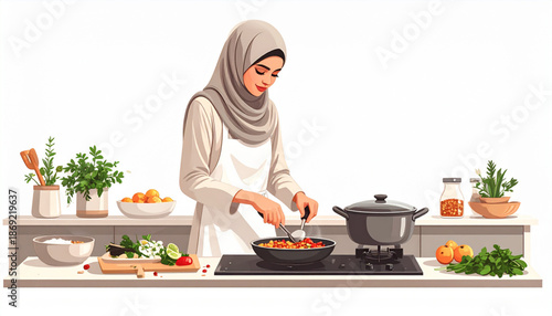 A woman preparing homemade iftar food in a simple kitchen environment viewed from the front