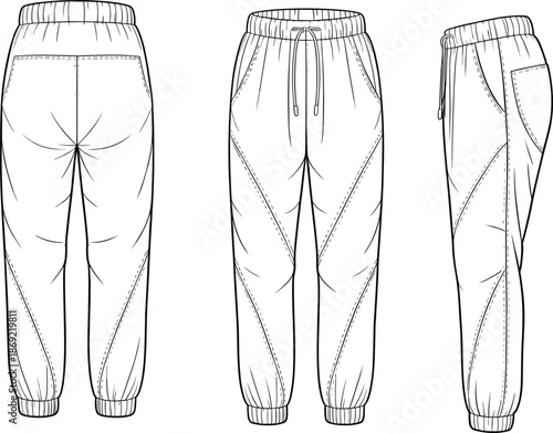 Cad drawing flat vector illustration, jogger pants fashion template, garment sketch, apparel