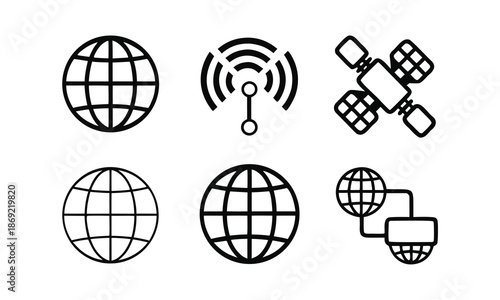 A set of black and white icons representing global communication and technology
