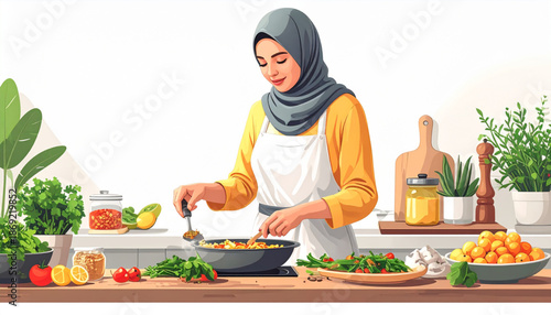 Woman preparing iftar meal in a cozy kitchen with fresh ingredients and cooking utensils