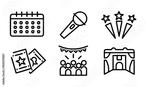A collection of black line icons representing event planning and celebration