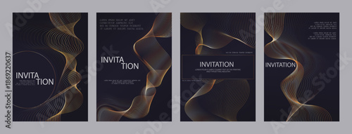 Luxury Template invitation, card, wedding Premium geometric Golden wave line frame typography design. Elegant background for advertising, gala card, grand opening, party invitation, layout set
