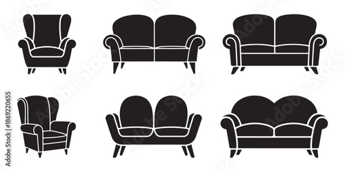 Collection of Black Sofa and Armchair Icons on White Background.