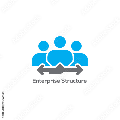 Professional enterprise structure logo icon with blue people silhouettes and grey arrows for business team management organization and strategy
