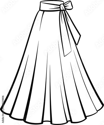 Cad drawing flat vector illustration, pleated skirt design, high waist fashion sketch, garment