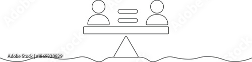 Simple line illustration of people balanced on see saw or teeter totter on wavy ground representing balance harmony and equilibrium with simple design