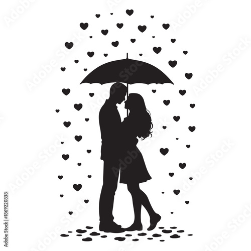Silhouette of a loving couple sharing an umbrella under a shower of hearts, symbolizing romance and togetherness