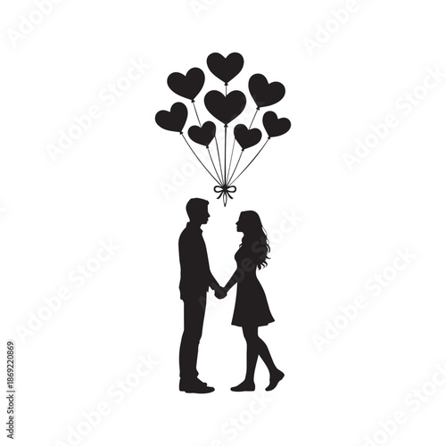 Silhouetted Couple Holding Heart-Shaped Balloons Together in a Romantic Gesture of Love and Affection
