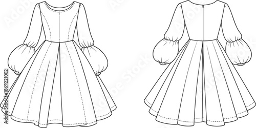 Cad drawing flat vector illustration, puff sleeve dress fashion template, garment sketch, apparel