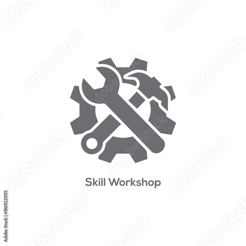 Skill workshop logo featuring a gray mechanical gear wrench and hammer for technical training maintenance repair services and education.
