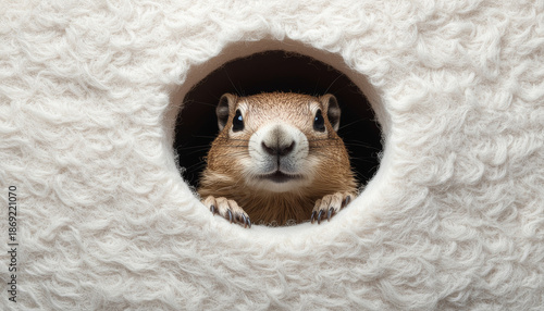 Groundhog Day Minimal Concept with Cute Groundhog Peeking Through Soft White Texture