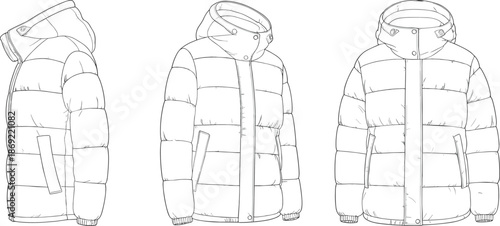 Cad drawing flat vector illustration, puffer jacket front side three-quarter view, fashion mockup, hooded design template, quilted garment layout