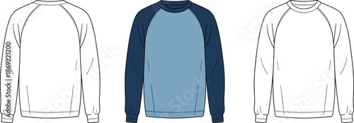Cad drawing flat vector illustration, raglan long sleeve shirts, front view, fashion mockup, apparel design template, color variation layout