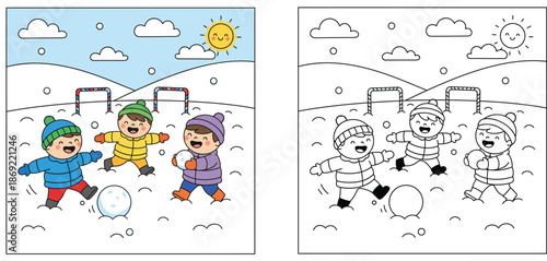 Kids Playing in Snow Coloring Page and Colored Illustration - Winter Activities Educational Worksheet for Children with Boys Building Snowballs in Outdoor Landscape Background