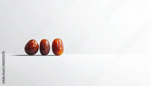 A hand places a date on a plate in a minimalist isolated setting with a white background