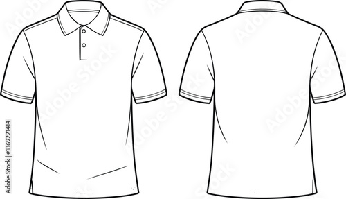 Cad drawing flat vector illustration, short sleeve polo shirt front and back view, fashion technical sketch, button placket design