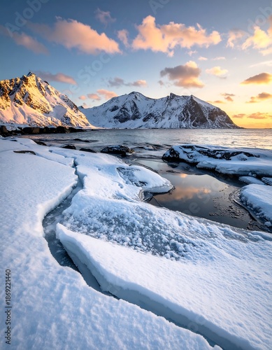 Winter wonderland scene of icy coast at sunrise