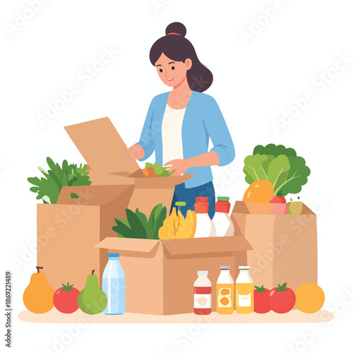 Woman unpacking boxes of fresh produce and household essentials in a well-lit environment