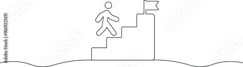 Simple line art illustration of a person climbing stairs to reach a flag on top of a podium representing achievement and success with motivation