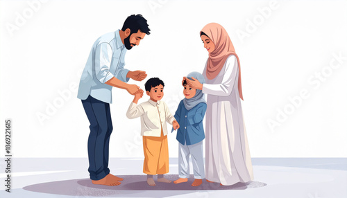 Family Praying Together During Ramadan in a Serene Home Environment from a Slightly Elevated Viewpoint
