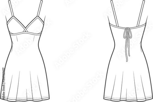 Cad drawing flat vector illustration, sleeveless dress front back view, fashion mockup, tie back design template, flared skirt layout