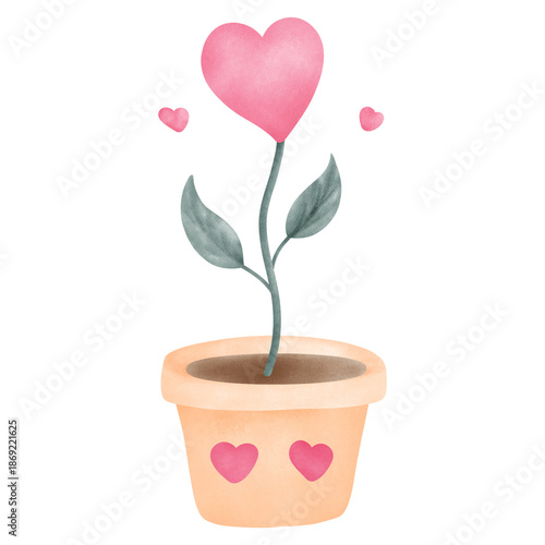 Watercolor plant in a pot, drawn in a soft Valentine style, perfect for love growth, care, and romantic designs.
