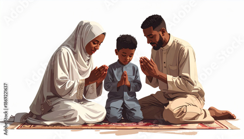 Family praying together on a prayer mat during Ramadan, a moment of spiritual connection and reflection