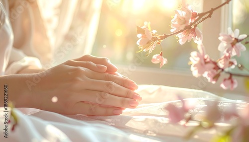 Gentle Hands in Soft Sunlight with Delicate Cherry Blossoms