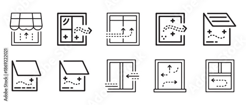 Window Icons Set. Ventilation, Airflow, Open, Closed, and Climate Control Systems.