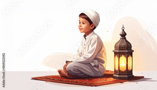 A young Muslim boy sitting in a respectful pose making dua on a prayer rug beside a lantern