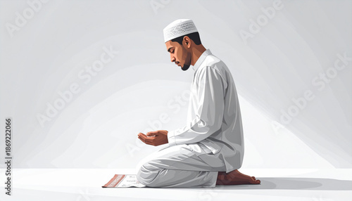 Man in white attire kneeling in quiet dua, serene atmosphere, semi-realistic vector illustration, peaceful environment, calm viewpoint