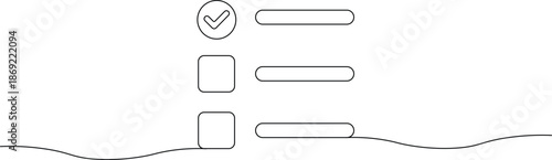 Simple black and white illustration of a checklist with checkboxes and a checkmark on a clean white background featuring various shapes and lines