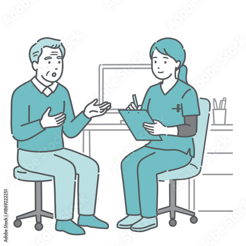 問診をする女性医師と高齢男性（スクラブ・医療従事者）