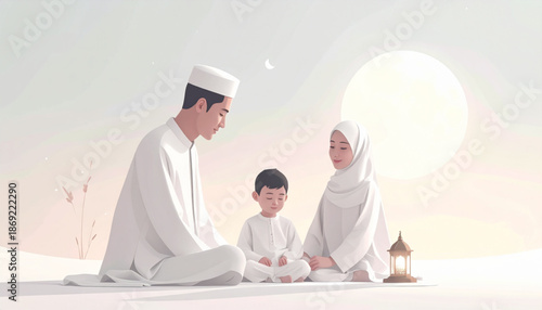 Serene family moment during Ramadan, father, mother, and child sitting together in calm evening atmosphere, semi-realistic vector illustration