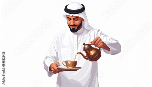 A man in traditional attire pouring tea from a teapot into a cup on a saucer