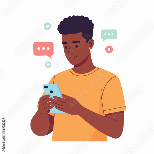 A young man holding a mobile phone with speech bubbles around him, engaged in a conversation, illustration style