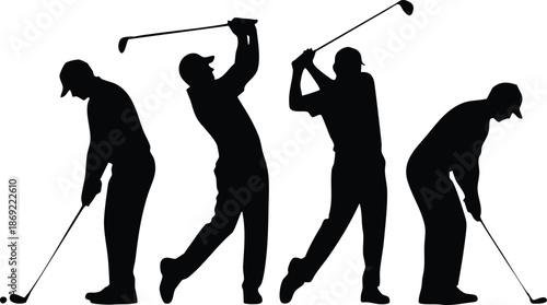 Silhouettes of a Golfer's Swing Sequence, Stages of a Professional Golf Stroke, Golfer Movement Progression Graphics, vector, illustration, silhouette
