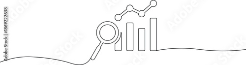 Continuous line drawing of a magnifying glass examining a bar graph with an upward trending line graph above it symbolizing data analysis and business growth