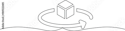 A black line illustration of a cube rotating in a circular motion on a wavy surface with rotation and line drawing and abstract and conceptual